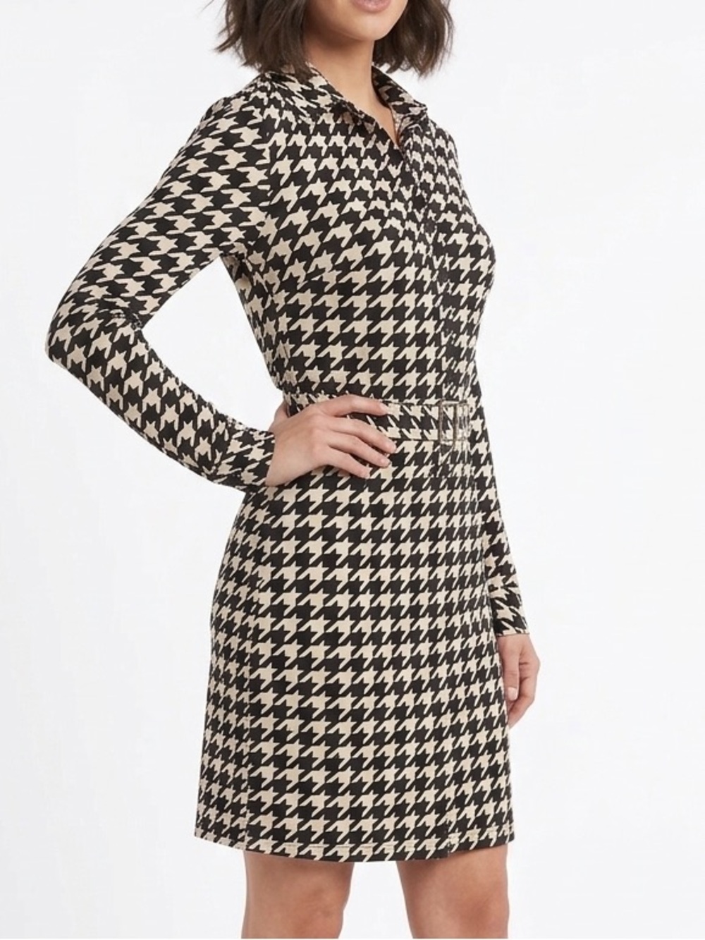 FREDERICKS OF HOLLYWOOD Houndstooth Button Down Shirt Dress Belt Size Medium